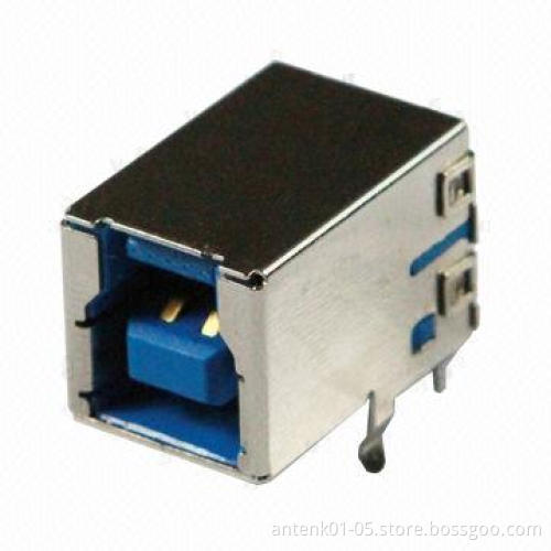USB 3.0 Connectors with B-type, Female, Right Angle DIP Type, Brass and Full Nickel-plated Shell